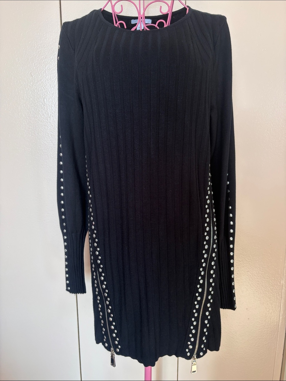 Bar III Black Ribbed Long-Sleeve Dress with Silver Stud Trim